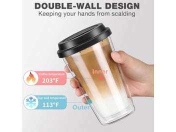 Listing 6 of 10 for 12 OZ Double Walled Insulated Reusable Glass Coffee Mugs With Lids