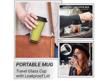 Listing 7 of 10 for 12 OZ Double Walled Insulated Reusable Glass Coffee Mugs With Lids