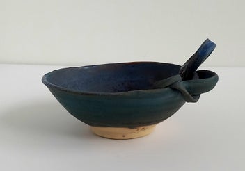 Listing 8 of 9 for Raku Pottery Dish - Dark Blues with Red