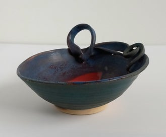 Listing 5 of 9 for Raku Pottery Dish - Dark Blues with Red
