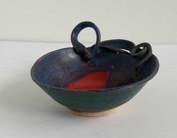 Listing 3 of 9 for Raku Pottery Dish - Dark Blues with Red