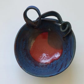 Listing 2 of 9 for Raku Pottery Dish - Dark Blues with Red