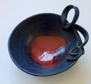 Listing 4 of 9 for Raku Pottery Dish - Dark Blues with Red