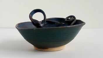 Listing 7 of 9 for Raku Pottery Dish - Dark Blues with Red