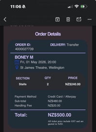 Listing 4 of 4 for Boney M Tickets - Wgtn 1st May / 2 Tickets
