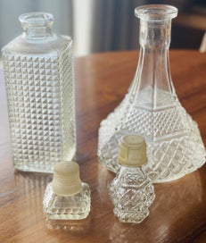 Listing 2 of 8 for LOW RESERVE! Ornate 2x glass decanters with stoppers and 2x cut glass stoppers.