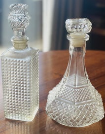 Listing 3 of 8 for LOW RESERVE! Ornate 2x glass decanters with stoppers and 2x cut glass stoppers.