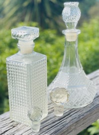 Listing 5 of 8 for LOW RESERVE! Ornate 2x glass decanters with stoppers and 2x cut glass stoppers.
