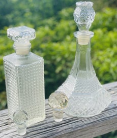 Listing 6 of 8 for LOW RESERVE! Ornate 2x glass decanters with stoppers and 2x cut glass stoppers.