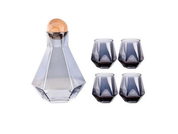 Listing 3 of 3 for Geometric Glass Water Pots Set Carafe With Wood Lid Decanter Pitcher Wine