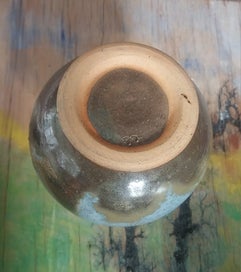 Listing 3 of 3 for Blue brown glazed pottery vase with handsculpted clay flower.