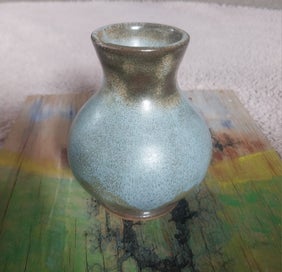 Listing 2 of 3 for Blue brown glazed pottery vase with handsculpted clay flower.