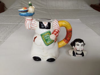 Listing 3 of 7 for Vintage Ceramic Decorative Teapot, " Chef holding a Menu and a tray"