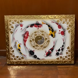 Listing 5 of 5 for A painting of nine koi fish Ying-Yang symbol on Canvas