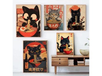 Listing 3 of 10 for Japanese Cat Noodles Canvas Poster For Living Room Decor