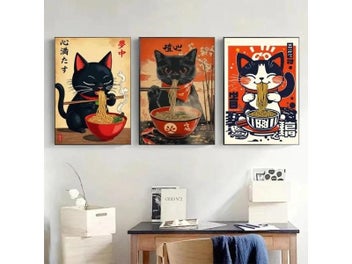 Listing 7 of 10 for Japanese Cat Noodles Canvas Poster For Living Room Decor