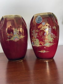 Listing 2 of 3 for RARE Pair Crown Devon "Rouge Royale" Art Deco Vases - MINT
