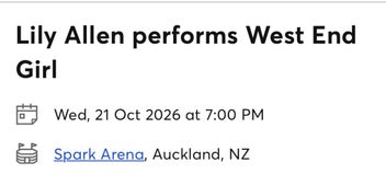 Listing 2 of 2 for Lily Allen, 2x GA Tickets Auckland