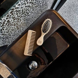 Listing 2 of 4 for Small Oval Ash Wood Purse Brush & Comb Twin Set with Cotton Bag - Tek in Blac...