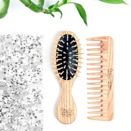 Listing 3 of 4 for Small Oval Ash Wood Purse Brush & Comb Twin Set with Cotton Bag - Tek in Blac...