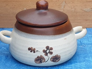 Listing 2 of 18 for Vintage Cute Stoneware Pot with Lid & Handles ( Hand made)
