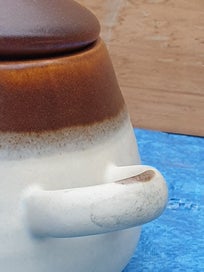 Listing 4 of 18 for Vintage Cute Stoneware Pot with Lid & Handles ( Hand made)