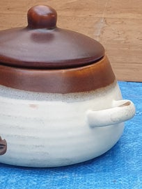 Listing 5 of 18 for Vintage Cute Stoneware Pot with Lid & Handles ( Hand made)