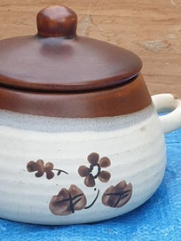 Listing 6 of 18 for Vintage Cute Stoneware Pot with Lid & Handles ( Hand made)