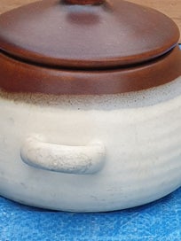Listing 7 of 18 for Vintage Cute Stoneware Pot with Lid & Handles ( Hand made)