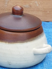 Listing 8 of 18 for Vintage Cute Stoneware Pot with Lid & Handles ( Hand made)