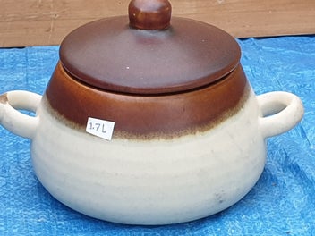 Listing 9 of 18 for Vintage Cute Stoneware Pot with Lid & Handles ( Hand made)