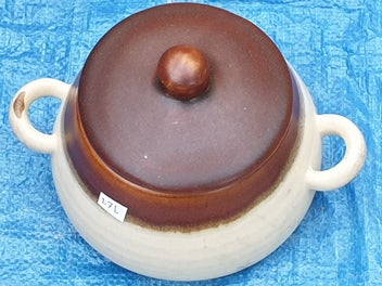 Listing 10 of 18 for Vintage Cute Stoneware Pot with Lid & Handles ( Hand made)