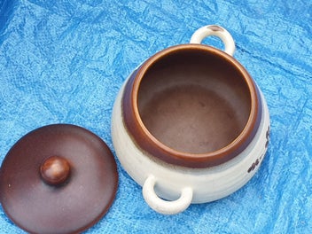 Listing 11 of 18 for Vintage Cute Stoneware Pot with Lid & Handles ( Hand made)