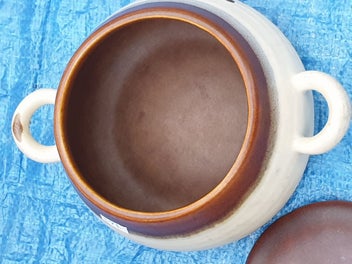 Listing 12 of 18 for Vintage Cute Stoneware Pot with Lid & Handles ( Hand made)