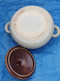 Listing 13 of 18 for Vintage Cute Stoneware Pot with Lid & Handles ( Hand made)