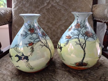 Listing 2 of 9 for Rare PAIR 20s 30s BURLEIGH Hounds & Hunting Round LUSTRE VASES