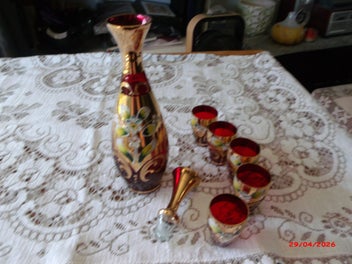 Listing 3 of 9 for Antique MURANO Ruby Red Glass Decanter Set