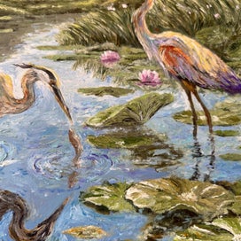 Listing 4 of 5 for A3 Blue Heron Art Print, Birds in Lily Pond Wall Art, Vintage Lake House Decor