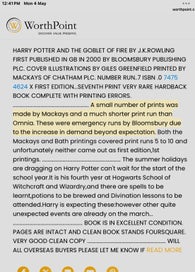 Listing 11 of 11 for Harry Potter, Goblet of Fire, 1st Ed, Ultra Rare Mackays of Chatham Hardcover.