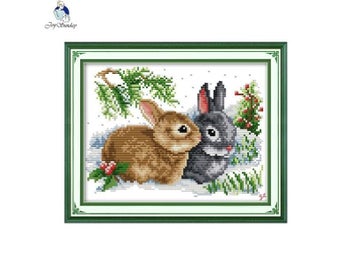 Listing 3 of 8 for Lucky Rabbits Handmade Cross Stitch DMC 11CT 14CT Cross Stitch Set Chinese