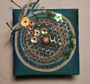 Listing 5 of 7 for Teal & Gold Boho Mandala Fiber Art Pieces - Hand Stitched Mixed Media