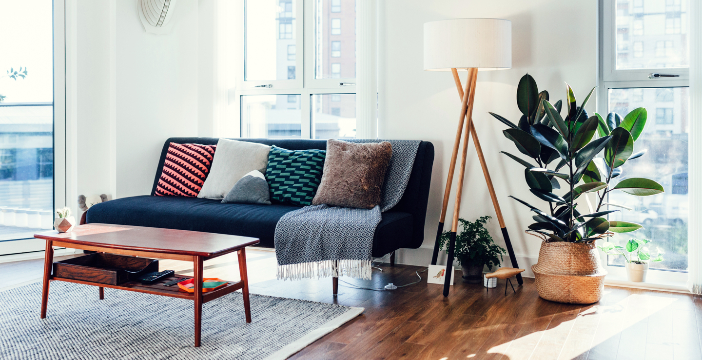A sofa in a living area in an appartment.