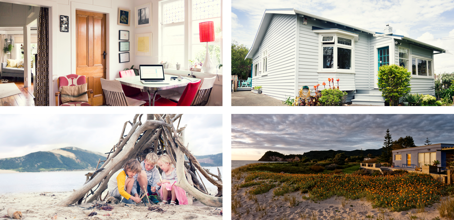 Places around New Zealand - view of a house, inside a lounge, kids playing at the beach, and a bach at sunset. 