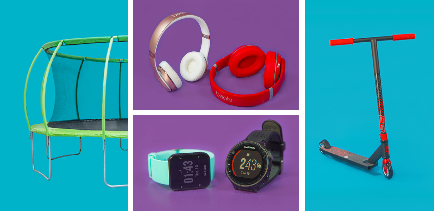 Things - a trampoline, headphones, smart watches, a scooter. 
